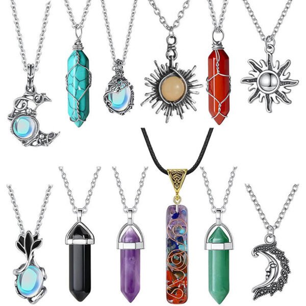 12pcs Boho Chic Natural Stone Necklace Set - Amethyst & Moonstone Hexagonal Pillars with Silk Wrap Pendants for Casual Attire, Bullet Pendant, Winding