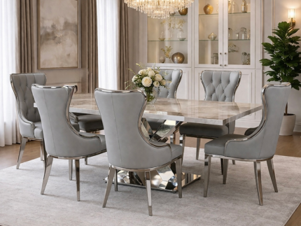 Cosmic 6 Seater Marble Dining Set with Landa Grey Leather Chairs – Luxury Modern Dining Room Furniture storeone.co.za