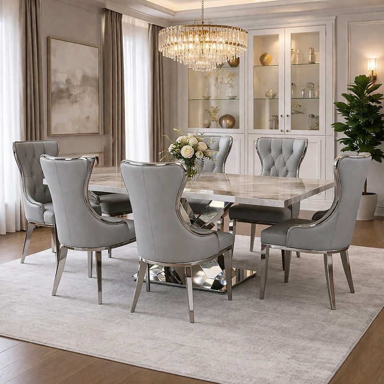 Cosmic 6 Seater Marble Dining Set with Landa Grey Leather Chairs – Luxury Modern Dining Room Furniture storeone.co.za Cosmic 6 Seater Marble Dining Set with Landa Grey Leather Chairs – Luxury Modern Dining Room Furniture storeone.co.za