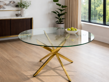 Remus Round Dining Table – Modern Glass Dining Table with Gold Stainless Steel Base storeone.co.za