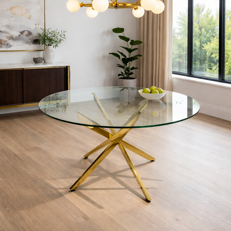 Remus Round Dining Table – Modern Glass Dining Table with Gold Stainless Steel Base storeone.co.za