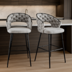 Pluto Velvet Bar Stool Set of 2 with Woven Backrest – Modern Kitchen Counter Stools - Image 4