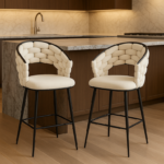 Pluto Velvet Bar Stool Set of 2 with Woven Backrest – Modern Kitchen Counter Stools - Image 2