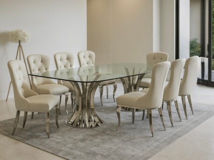 Foury 8 Seater Dining Set – Luxury Tempered Glass Dining Table with Upholstered Chairs STOREONE.CO.ZA