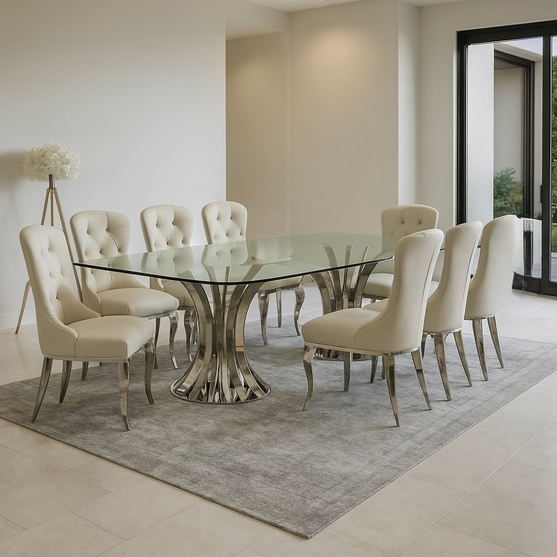 Foury 8 Seater Dining Set – Luxury Tempered Glass Dining Table with Upholstered Chairs STOREONE.CO.ZA