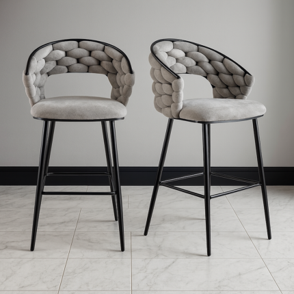 Pluto Velvet Bar Stool Set of 2 with Woven Backrest – Modern Kitchen Counter Stools storeone.co.za