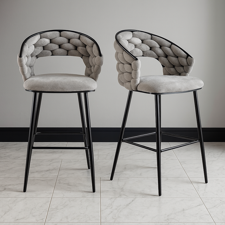 Pluto Velvet Bar Stool Set of 2 with Woven Backrest – Modern Kitchen Counter Stools storeone.co.za