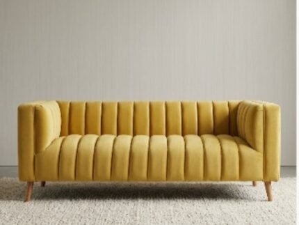 Modern Mustard Velvet 3 Seater Sofa – Luxury Ribbed Lounge Couch with Wooden Legs storeone.co.za