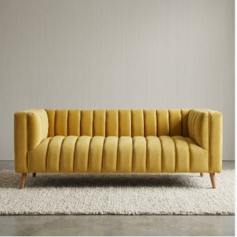 Modern Mustard Velvet 3 Seater Sofa – Luxury Ribbed Lounge Couch with Wooden Legs storeone.co.za