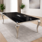 Vellor Dining Table 2M x 1M – Luxury Gloss Black Glass Dining Table with Silver Legs storeone.co.za