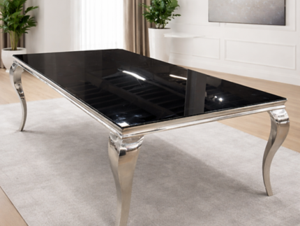 Vellor Dining Table 2M x 1M – Luxury Gloss Black Glass Dining Table with Silver Legs storeone.co.za