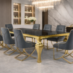 Cressida 8 Seater Dining Set with Zip Velvet Chairs – Luxury Black & Gold Dining Room Set storeone.co.za