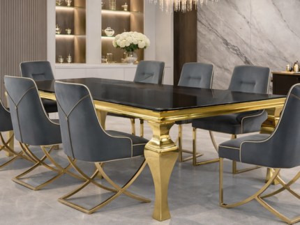Cressida 8 Seater Dining Set with Zip Velvet Chairs – Luxury Black & Gold Dining Room Set storeone.co.za