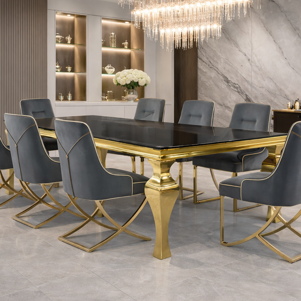 Cressida 8 Seater Dining Set with Zip Velvet Chairs – Luxury Black & Gold Dining Room Set storeone.co.za Cressida 8 Seater Dining Set with Zip Velvet Chairs – Luxury Black & Gold Dining Room Set storeone.co.za